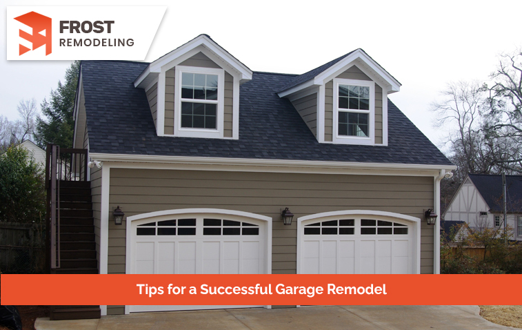 Exterior view of a remodeled 2-car garage with new doors